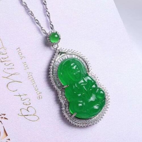 Luxury 925 Sterling Silver Necklaces For Women Natural Green Jade Emerald Guanyin Pendants Necklaces Party Prayer Fine Jewelry