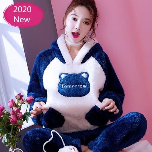 Winter Pajamas Set Women Warm Sexy Thick Flannel Homewear Long Sleeve Pants 2Piece/Set 2020 Fashion Cartoon Sleepwear
