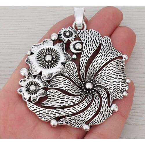 3 x Tibetan Silver Bohemia Boho Large Round Flower Charms Pendants for Necklace Jewelry Making Findings 68x65mm