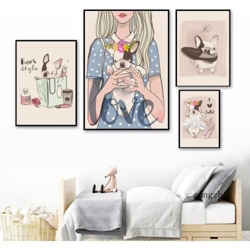 Bulldog Love Ballet French Style Poster Cosmetic Flower Perfume Canvas Painting Cartoon Dog Pet Wall Art Picture Girl Room Decor