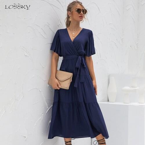 Casual Ruffles Pure Color Midi Dress Women Summer Fashion Flare Sleeve V-neck Dresses For Women 2021 Blue Lace Up Robe Femme