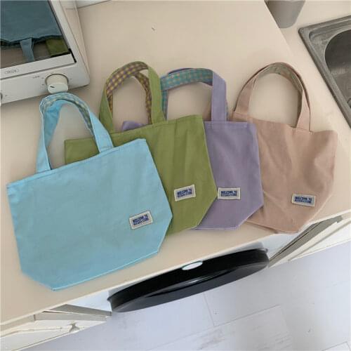 Retro Plaid Women Small Shoulder Shopper Bag Double Sided Ladies Hand Carry Lunch Bento Bags Cute Girly Canvas Purse Handbags