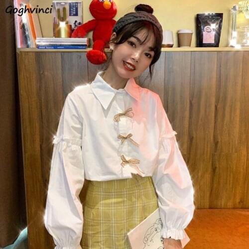 Shirts Women Bow Button Puff Sleeve Korean Style Chic Fashion Students Streetwear Kawaii Lovely Casual Blouses Womens Trendy New