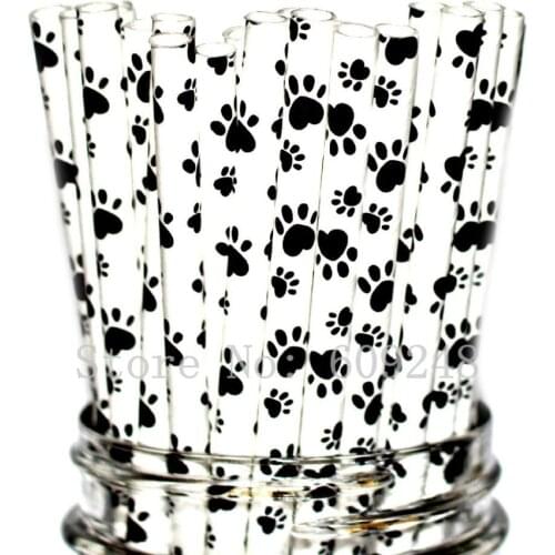 100pcs Black Paw Paper Straws,Cat Animal Print Birthday Baby Shower Party Drinking Paper Straws Cake Pop Sticks Mason Jar Straws