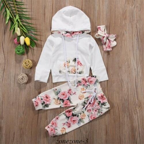 0-24M 3cps Baby Girl Clothing Set Long Sleeve Hooded Sweater Girls White Pink Floral Print Long Pants Girls Set Children Outfits