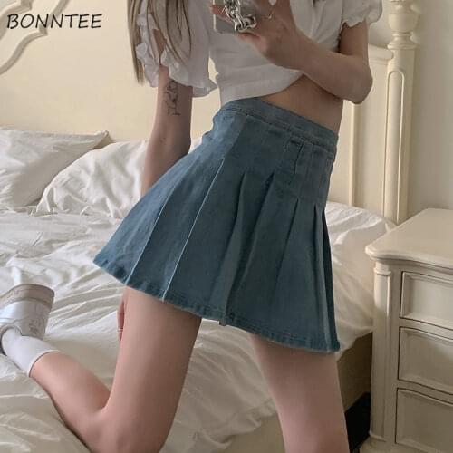 Skirt Women Oversize Vintage Denim Pleated Summer Korean Style Student Streetwear Fashion All-match Chic Casual Female Faldas
