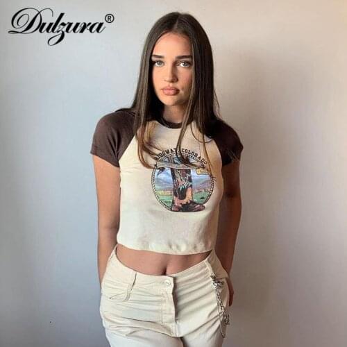 Dulzura 2021 Summer Women Letter Print Cotton Short Sleeve T Shirt Crop Top Bodycon Patchwork Cute Baby Bee Streetwear Casual