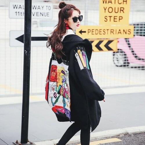 Women Winter Jacket Hooded 2021 New Fashion Loose Plus Size Patch Designs Flocking Long Coat Female Zipper Hip Hop Outerwear G00