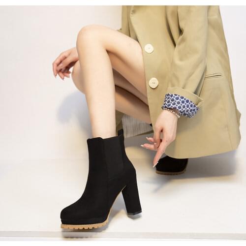 Stretch Fabric Leopard Print Platform Round Toe Women Ankle Boots Big Size 43 Slip-on Chunky High Heel Short Booties For Ladies