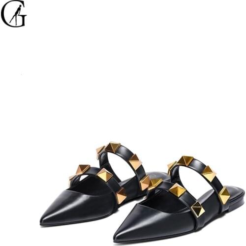 GOXEOU Womens Slippers Black PU Pointed Toe Rivet Decoration Comfortable Sexy Party Fashion Office Lady Sandals Size 32-46