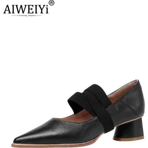 AIWEIYi Genuine Leather High Heels Western Style Shoes Women Black All-Match Cowhide Thick Heel Spring Autumn Pointed Toe Shoes