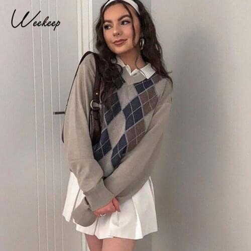 Weekeep Street Style 90s Retro V Neck Knitwear Sweater Women Autumn Korean Argyle Plaid Jumper Fashion Pullovers Knitted Y2K New