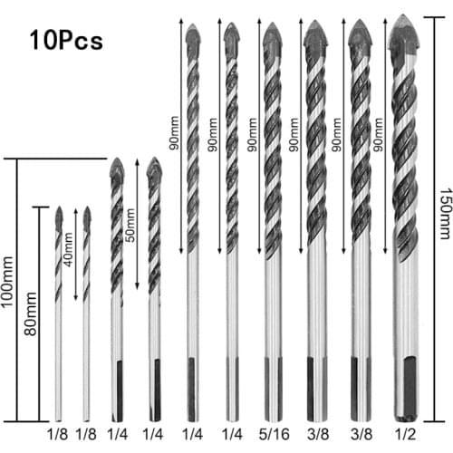 10Pcs Concrete Drill Bit Slot Masonry Hammer Head Tool 3mm-12mm High Speed White Steel Wrench For Electric Glass Marble Dril
