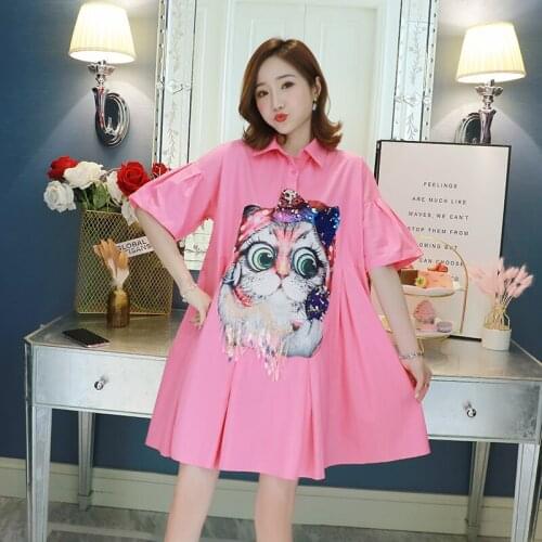 2021 Summer Short Sleeve Women Dress Cartoon Print Sequins High Waist A-Line Big Size m-4xL Vestidos Maxi