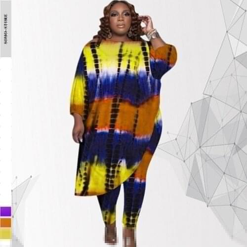 5xl Fashion Plus Size Womens Outfit Tie Dye Printing Loose Oblique Shoulder Irregular Tops Two Piece Set Wholesale Dropshipping