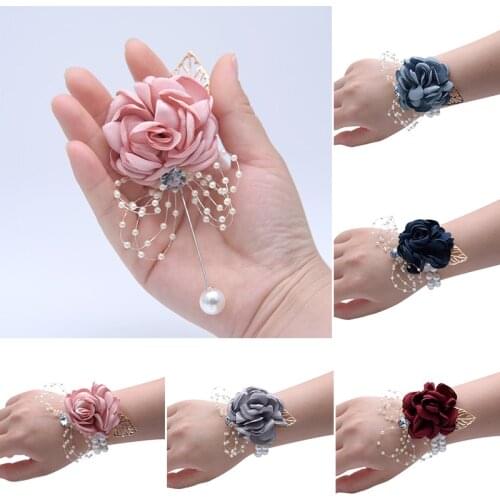 Girls Bridesmaid Wrist Flowers Prom Party Corsage Bracelets Fabric Hand Silk Rose Flower Wedding Supply Elegant Accessories