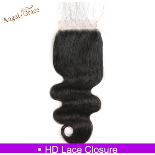 Angel Grace Hair Brazilian Body Weave 4x4 HD Lace Closure Remy Human Hair Preplucked with Baby Hair 10-20 Inches Swiss Closure
