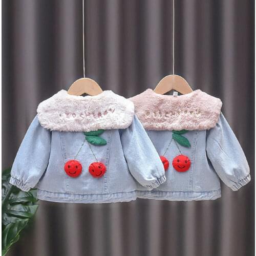 Girls plus fleece denim jacket autumn and winter new western style baby girl warm childrens padded jacket