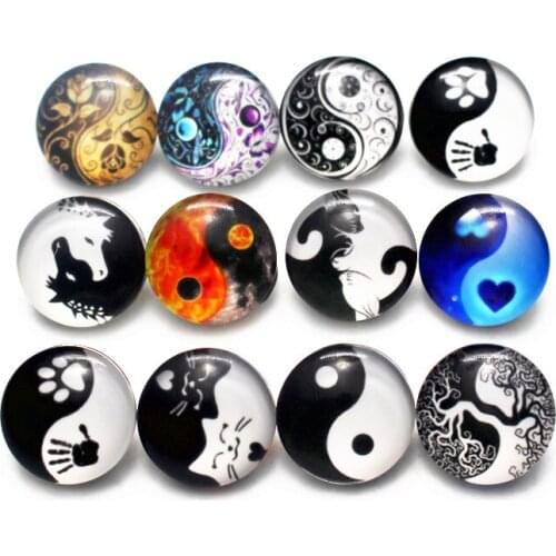 Hot selling 12pcs/lot glass yin yang snap buttons 18mm leather clasp snap button Bangles snap bracelet jewelry