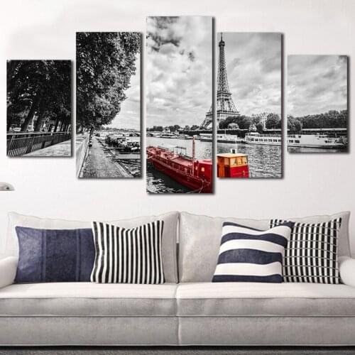 Canvas Paintings 5 Piece Canvas Art Paris Seine Scenery Photography Printed on Fabric Morden Home Decor Sofa Backdrop