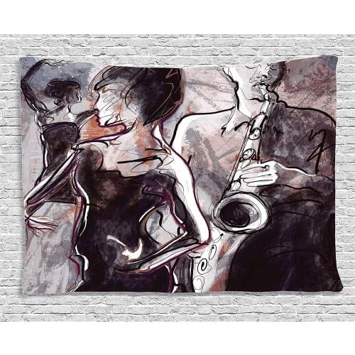 Illustration of Jazz Man Playing The Saxophone with Dancers Classic Design, Wide Wall Hanging Brown Mauve