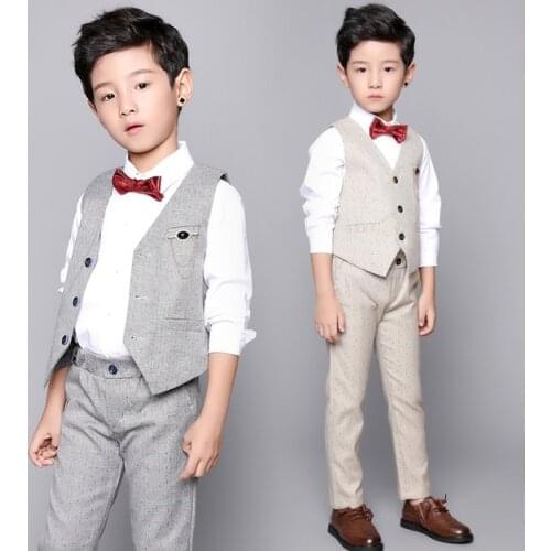Flower Boys Formal Tuxedo Vest+ Pants 2Pcs Clothing Set Children Wedding Birthday Gift Dress Kids Piano Show Performance Costume