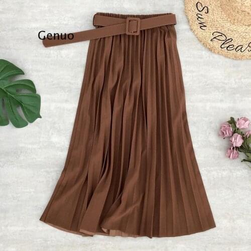 Fashion A-line women pleated skirt Stripe loose color skirt With belt Elegant British style skirt Autumn winter 2020