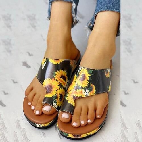 Fashion Womens Flats Colored Sunflower Slippers Wedges Open Toe Print Sandals Beach Shoes Roman Slippers Sandals