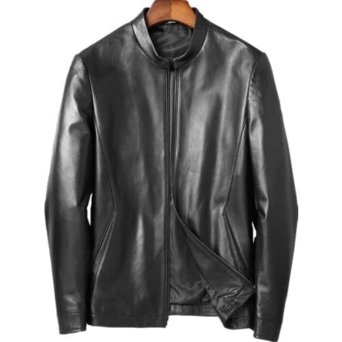 DK Top Quality Sheepskin Coat Men Casual Genuine Leather Clothing Black Mandarin Collar Natural Leather Sheepskin Outwear