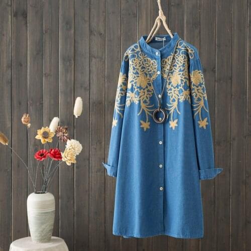 Women Denim Jeans Dress Spring Autumn Large Size Loose Long Sleeve Vintage Embroidery Dresses Lady Denim Blouse Dress Vestido 76