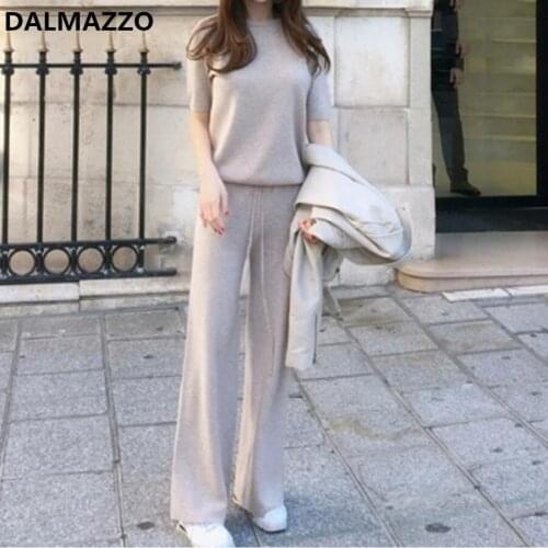 Casual Knitted Womens Pants Suit Short Sleeve Knit Tops and Wide Leg Full Length Sets Women Tracksuit for Autumn Winter Female