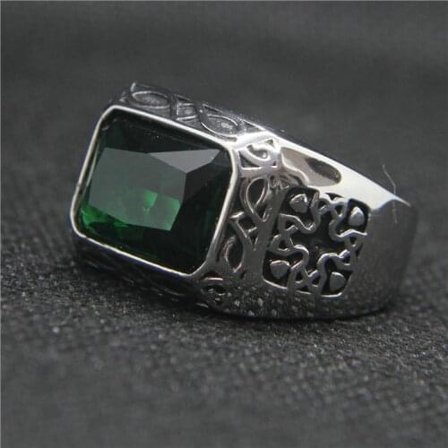 Drop Ship 7-13 Unique Pattern Dots Cocktail Ring 316L Stainless Steel Fashion Green Stone Flower Ring
