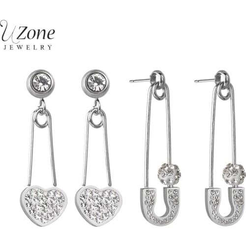 UZone Luxury Crystal Heart Stud Earrings Stainless Steel Safety Pin Zirconia Earring For Women Bridal Wedding Jewelry Gift Arete
