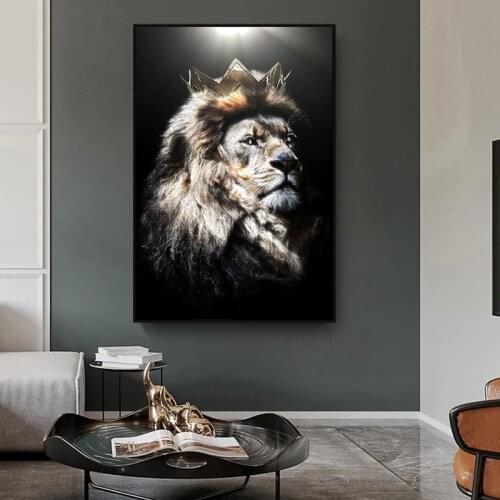 Modern Animal Art Lion Head with Crown Canvas Paintings Posters and Prints Wall Art Pictures for Living Room Decor Home Decore