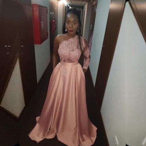 Simplel One Shoulder Pink Beaded Lace Satin Evening Dresses Party Prom Dresses Formal Gowns Long Dresses
