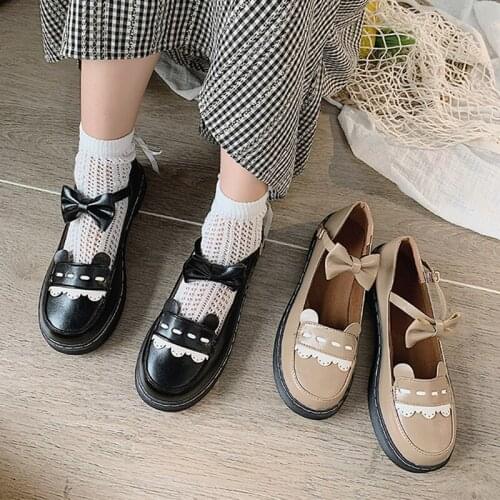 Japanese Style Lolita Shoes Girl Student Shoes PU Leather Little Ears Animal Bowknot Shoes Kitten Heels Mary Jane Shoes