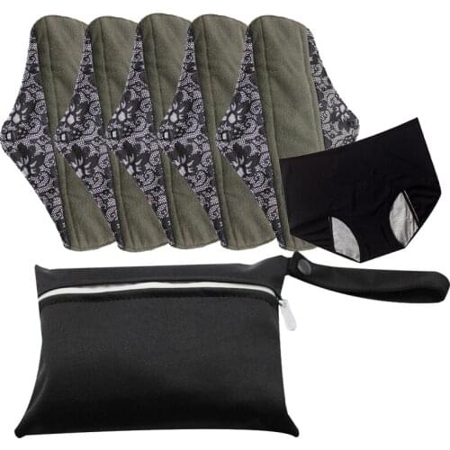 5 PCS Woman Cloth Pads Washable Girls Menstrual Pads Reusable Sanitary Pads With 1 Menstrual Pants With 1 Wet Bag