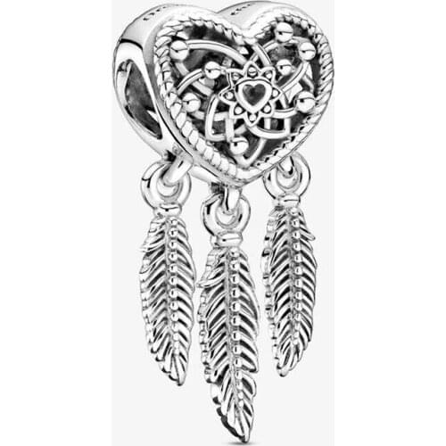 GChic Silver 925 Openwork Heart & Three Feathers Dreamcatcher Charm Beads fit Pandora Bracelets For Women Jewelry Making Gifts