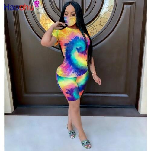 HAOOHU Women Tie Dye Black Lives Matter With Mask Three Piece Set Tee Tops Shorts Jogger Suit Tracksuit Matching Set Outfit
