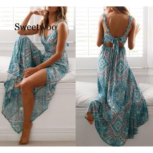 New Fahsion Women Chiffon Long Dress Boho Sleeveless Maxi Dress Casual Sexy Backless Evening Party Summer Beach Sundress