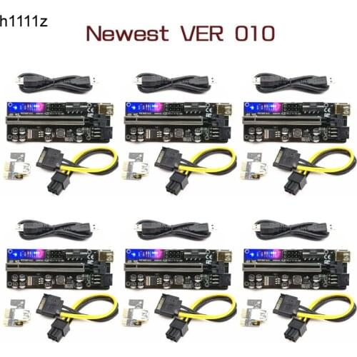 6pcs Riser 010 USB 3.0 PCIE Riser PCI Express X16 Extender Adapter 010S Plus GPU Riser Card SATA 15pin to 6pin Power Marquee LED