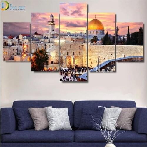 DIY Diamond Painting Jerusalem Modular Pictures 5 Panels Islam Islamic City Poster Mosaic Square/Round Drill Embroidery Gift