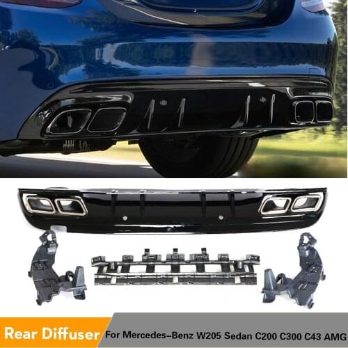 Car Rear Bumper Diffuser Lip with Exhaust for Mercedes-Benz C-Class W205 C200 C250 C300 C350 C400 C43 AMG Sport 4-Door 2014UP