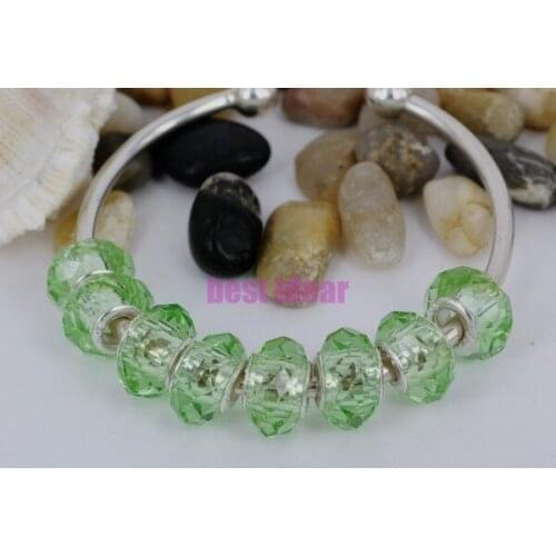 Free Shipping 50pcs Light Green Cut &Faceted Glass Beads Big Hole Fit European Charms Bracelet 14x8mm