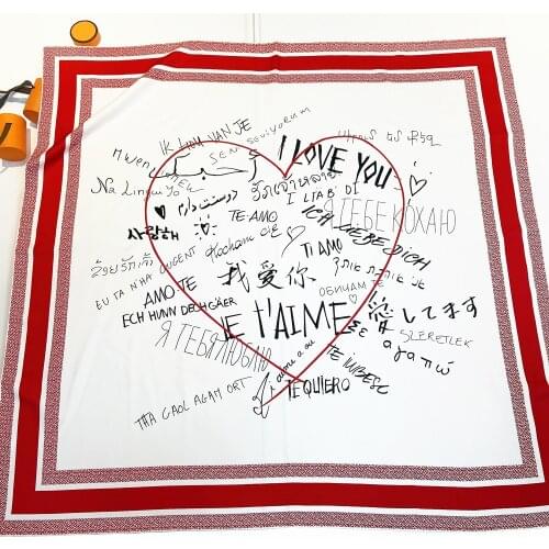 90cm Love You Print Brand Hijab Scarf Women Bandana Handmade Curled Twill Silk Square Scarf Luxury Foulard Head Scarves Shawl