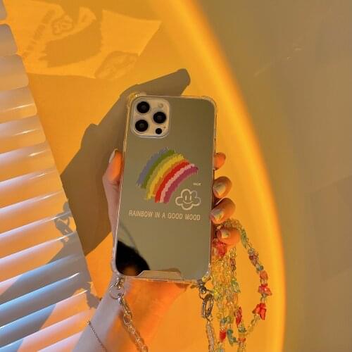 DIY Makeup Mirror Crossbody Strap Phone Case For iPhone 12 11 Pro Max 7 8 Plus XSMAX XR Shockproof Rainbow Necklace Capa Cover