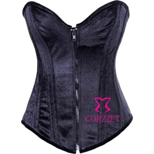 Cheap Front Zipper Flannel Black Corset Steel Bone Strapless Bustier Crop Top S M L XL XXL Women Plus Size Corselet Sexy Basque