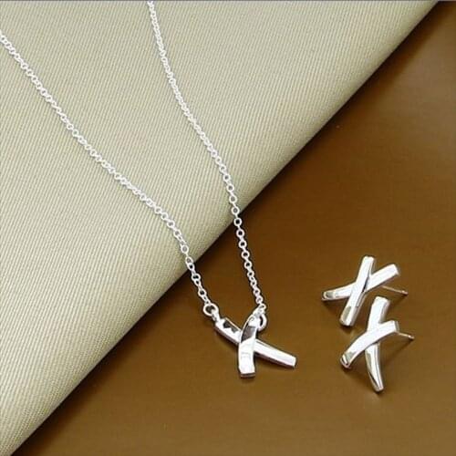 Hot Sale Jewelry Set 925 Sterling Silver Fashion Intersect Chain Necklace Earrings Set for Women Men Best Gifts