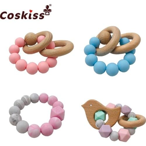 Baby Teether Bracelet Beech Wooden Ring Natural Teething Grasping Toy Silicone Bead Toddler Teether Newborn DIY Baby Gift
