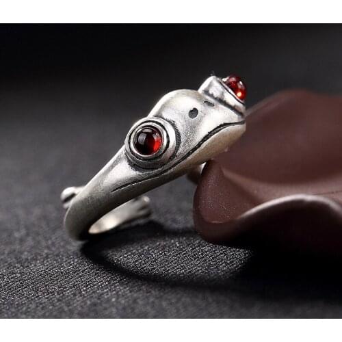 Wisoka 999 Silver Frog Rings Women Ethnic Vintage Opening Finger Ring Fine Jewelry Nature Garnet Red Handmade Cute